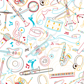 Jazz music hand drawn outline seamless pattern. Flute, ribbon, headphones line art texture. Colored contour string, woodwind instruments on white background. Concert performance background design