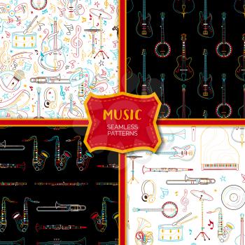 Musical instruments hand drawn outline seamless pattern set. Saxophone, guitar, microphone line art texture. Colored contour brass, strumming, percussion instruments on black, white background