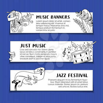 Jazz music festival hand drawn vector banner template set. Musical performance black and white minimalist poster design layout with copyspace. Playing saxophone line art illustration