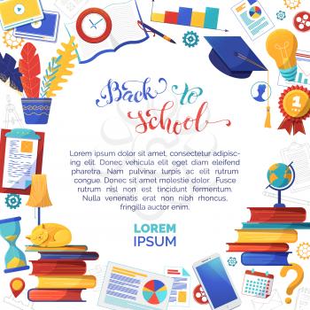 Back to school flat vector banner template with text space. Office stationery shop social media post layout. Books, graduation cap illustrations. Online education, elearning and knowledge