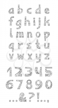 Christmas alphabet vector outline typeset. Lowercase letters with winter season holiday linear patterns. Numbers and punctuation marks with black and white xmas items set. New Year celebration creative font