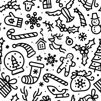 Christmas outline vector seamless pattern. Winter season holidays, New Year linear symbols background. Gingerbread cookie, festive presents backdrop. Xmas wrapping paper, textile design