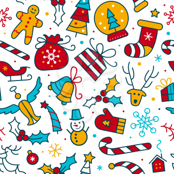 New Year holidays vector seamless pattern. Christmas color backdrop. Cute snowman, mittens winter season symbols. Xmas items and accessories background. Festive wrapping paper, textile design