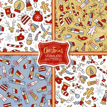 New Year festive vector cartoon seamless patterns set. Winter season symbols color backdrop. Xmas items and accessories on white, blue and beige background. Christmas holidays wrapping paper design