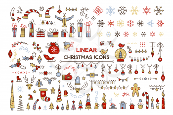 Winter season decor vector color illustrations set. Christmas holiday symbols. Fir tree hanging baubles icons pack on white background. Xmas items isolated cliparts. New Year festive decoration