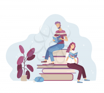 Young man and woman reading books while sitting on stack of big books. Happy people relaxing with book cartoon vector illustration. Students study in library, literary club or book festival concept.