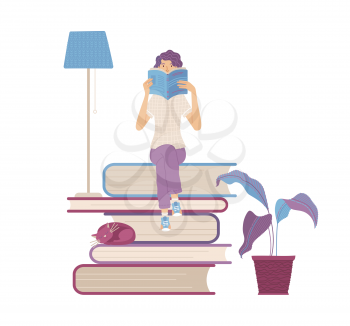 Woman sitting on books pile and reading a book. Student studing and preparing for exam. Flat vector illustration. Young girl is book lover and literature fan. E learning or self education concept