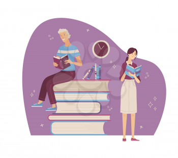 Happy people relaxing with book cartoon vector illustration. Young man and woman reading interesting books. Students study in library, literary club or bookstore banner, book festival concept.
