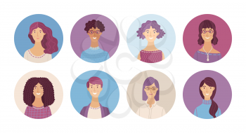 Happy multicultural people avatars set. Smiling men and women profile pictures. Cute different human face icons for representing person vector illustration. User pic for internet forum or web account