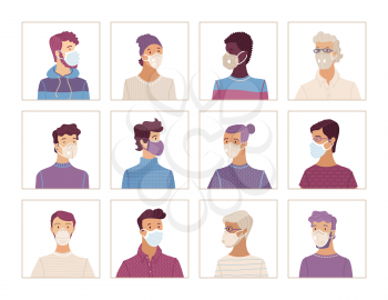 Avatars set of men in protective face masks. Coronavirus protection and prevention vector illustration. Multicultural group of people wearing disposable medical masks. Self-isolation and quarantine.
