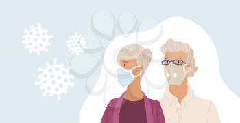 Aged man and woman wearing disposable medical masks. Coronavirus protection and prevention. Self-isolation and quarantine cartoon vector illustration. Protect yourself from virus infection concept
