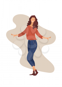 Smiling woman in casual clothes flat vector illustration. Positive emotion, good mood. Posing young girl, redhead female spreading hands cartoon character isolated on white background