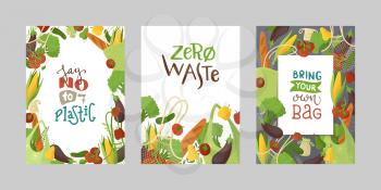 Veggies in recyclable packages vector banners set. Textile reusable shopping bags with fresh greens flat illustrations. Blank vegetable borders collection. Healthy produce in eco handbags