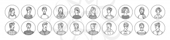 People avatars set. Smiling young, adult and senior men and women profile pictures. Various human face icons for representing person vector illustration. User pic for web forum or account
