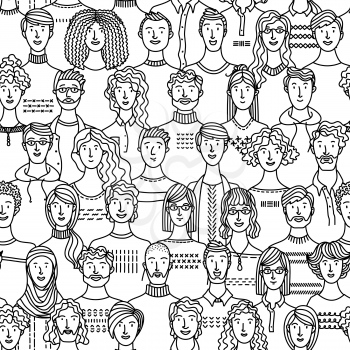 Crowd of various men and women in linear style. Vector boundless background with various people. Textile, fabric, wrapping paper, wallpaper mono color vector design