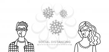 Social distancing during outbreak of the coronavirus. Man and woman keep 2 meters apart as they speak to each other. They wearing safety breathing masks. Keep safety distance to protect from covid-19.