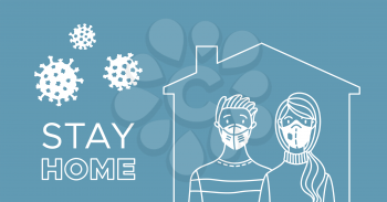 Stay at home to stop spreading pandemic. Young couple wearing medical masks at home. Coronavirus protection and prevention social media campaign. Self-isolation and quarantine cartoon illustration.