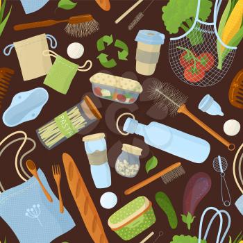 Recyclable food and accessories, kitchen items seamless pattern. Vegan products, eco bags and containers. Reusable eating and packs fabric, textile, wrapping paper, wallpaper color vector design
