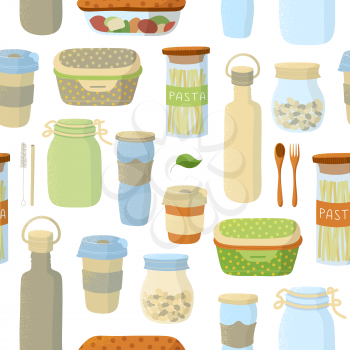 Recyclable kitchen containers flat vector seamless pattern. Wooden appliances, glass bottles and jars, reusable plastic cups. Creative fabric, textile, wrapping paper, wallpaper design
