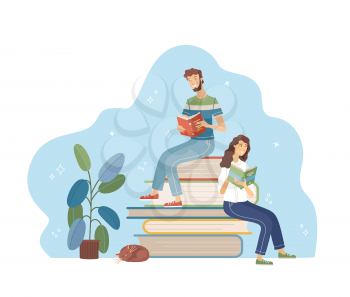 Young man and woman reading while sitting on stack of big books. Happy people relaxing with book cartoon vector illustration. Students study in library, literary club or book festival concept.