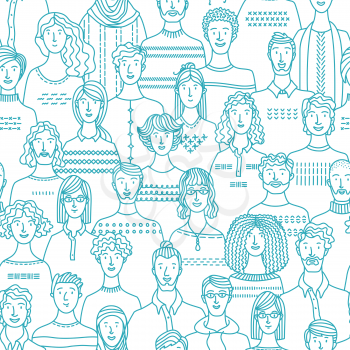 Diverse people group. Linear crowd textile, fabric, wrapping paper, wallpaper mono color vector design. Blue and white illustration of various men and women. Vector contour design.