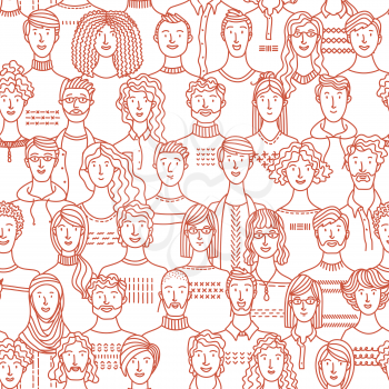 Diverse crowd of people. Society and population. Social community seamless pattern in linear style. Mono color fabric, textile, wrapping paper, wallpaper vector design