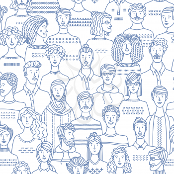 Crowd of various men and women in linear style. Vector boundless background with various people. Textile, fabric, wrapping paper, wallpaper mono color vector design
