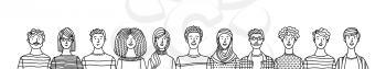 Group portrait of diverse people. Smiling men and women standing together. Web banner with happy students or work team. Outline cartoon vector multi-ethnic poster. Caucasian, African, Asian, Muslim