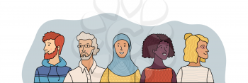 Group portrait of diverse people. Smiling men and women standing together. Web banner with happy students or work team. Outline cartoon vector multi-ethnic poster. Caucasian, African, Muslim