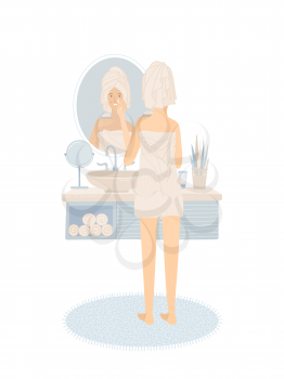 Young woman is standing in front of bathroom mirror. Girl holding cream in her hand and moisturizing to protects her skin. Everyday skincare routine. Flat vector illustration. 
