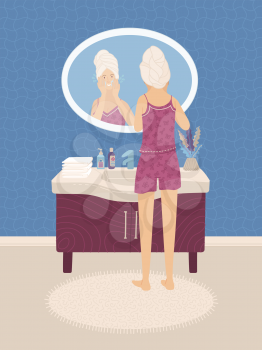 Young woman in underwear looking in the mirror in bathroom. Girl washing her face and cleansing skin. Daily skincare routine. Cartoon colorful vector illustration.