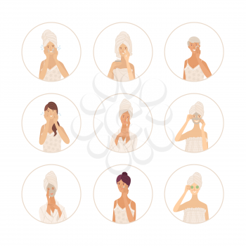 Vector set of skincare everyday routine icons. Cute girls in towel, pajama, and bathrobe cleaning skin, washing, moisturizing, applying beauty mask. Flat cartoon vector illustrations