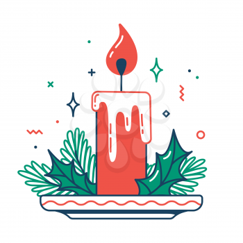 Christmas candle color flat icon. Thin line pictogram. Isolated vector illustration with contour. Editable stroke. Pixel perfect