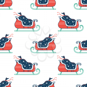 Santa sleigh and sack seamless pattern. Color vector texture. Christmas cartoon wrapping paper, wallpaper design