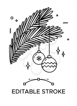 Pine branches with baubles outline icon. Thick line pictogram. Isolated linear vector illustration. Duotone contour symbol. Editable stroke. Pixel perfect