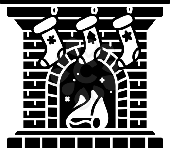 Fireplace with Santa socks black glyph icon. Silhouette on white background. Flat pictogram. Vector isolated illustration. Duotone solid symbol. Negative space. Pixel perfect