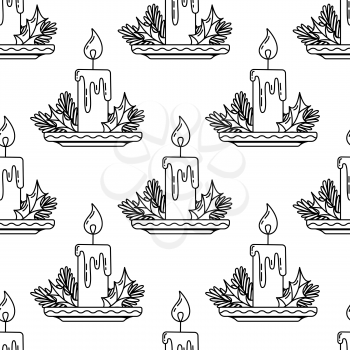 Candles outline vector seamless pattern. Christmas linear vector texture. Festive black and white cartoon wrapping paper design