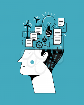 Guy head full of different connected operating mechanisms and details as illustration of mental process operations and health on turquoise color background