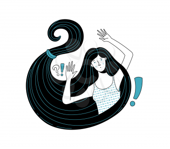 Young sleepless woman wrapped with own long hair with question and exclamation marks illustration. Insomnia, overthinking, wakefulness flat concept. Unable to fall asleep female cartoon character