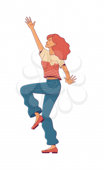 Dancing red haired woman raising right hand up. Positive thinking and life enjoying concept. Vector flat female character. Cartoon color illustration