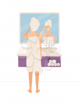 Young girl using natural products for skin care. Beautiful woman standing in bathroom and looking at her reflection in mirror. Cute girl wearing towel after shower. Flat cartoon female character