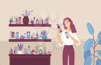 Young woman choosing between skincare cosmetic products cartoon illustration. Thoughtful girl flat vector character. Girl comparing lotions for skin or shampoos for hair. Lady in store making decision