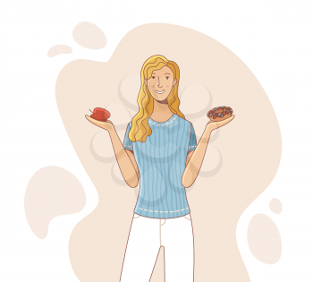 Young woman choosing between apple and donut cartoon illustration. Fresh fruit vs dessert. Smiling girl comparing healthy eating or junk food. Balanced menu vs fastfood. Vector flat concept