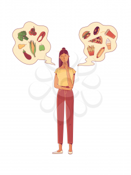 Young woman choosing between healthy fresh food and unhealthy fast food flat cartoon vector illustration. Fish, fruits, vegetables or fries, donut, pizza, burger, hotdog.  Junk food vs balanced meal