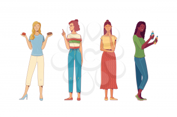 Young woman comparing skincare beauty products. Woman pointing gesture. Cute girl choosing between healthy and junk food. Lady in doubt with hand on chin gesture. Flat vector cartoon illustration