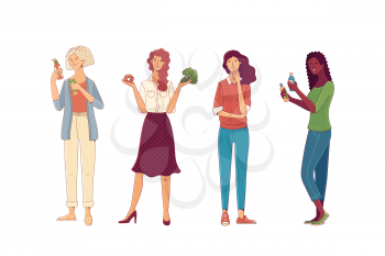 Aged woman comparing skincare beauty products. Cute girl choosing between healthy and unhealthy food. Lady in doubt with hand on chin gesture. Flat vector cartoon clipart
