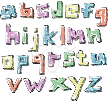 Colorful sketchy hand drawn lower case alphabet