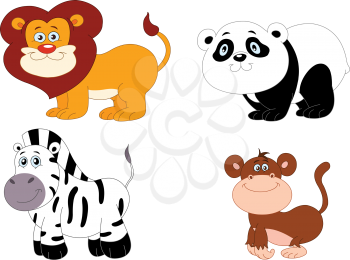 Illustration Set of cute animals: lion, panda, zebra and monkey