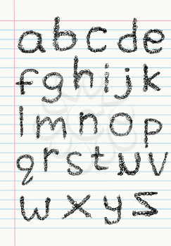 Lower case scribble alphabet on a notebook paper