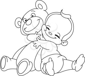 Outlined Cheerful baby hugging his teddy bear